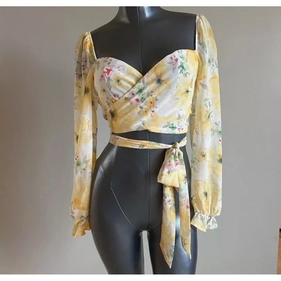 Sheer Floral Bloom Chiffon Crop Top Y2K True Wrap Yellow Romantic Milkmaid - Picture 10 of 10